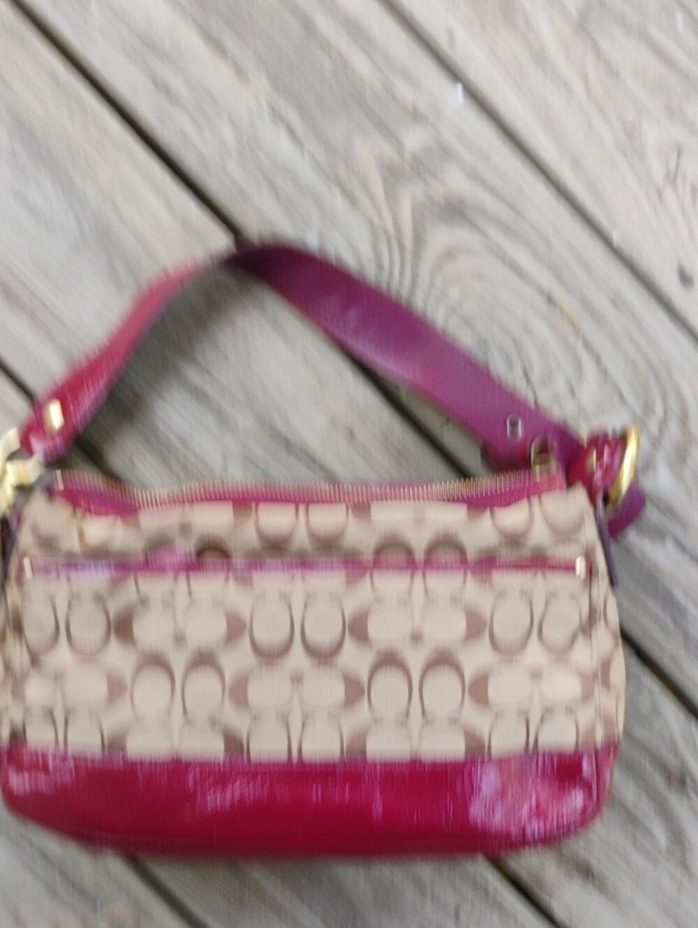 Coach Canvas Shoulder Bag with Dark Wine Red Patent Leather Trim - Picture 5 of 15